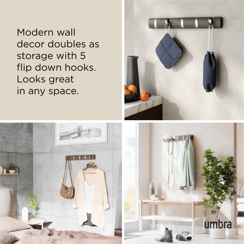 Umbra Flip Wall-Mounted Coat Rack with 5 Hooks â€“ Modern, Space-Saving Storage for Hats, Jackets, Bags, Entryway, Mudroom, Closet, Bathroom, Bedroom â€“ Driftwood/Nickel - Image 4